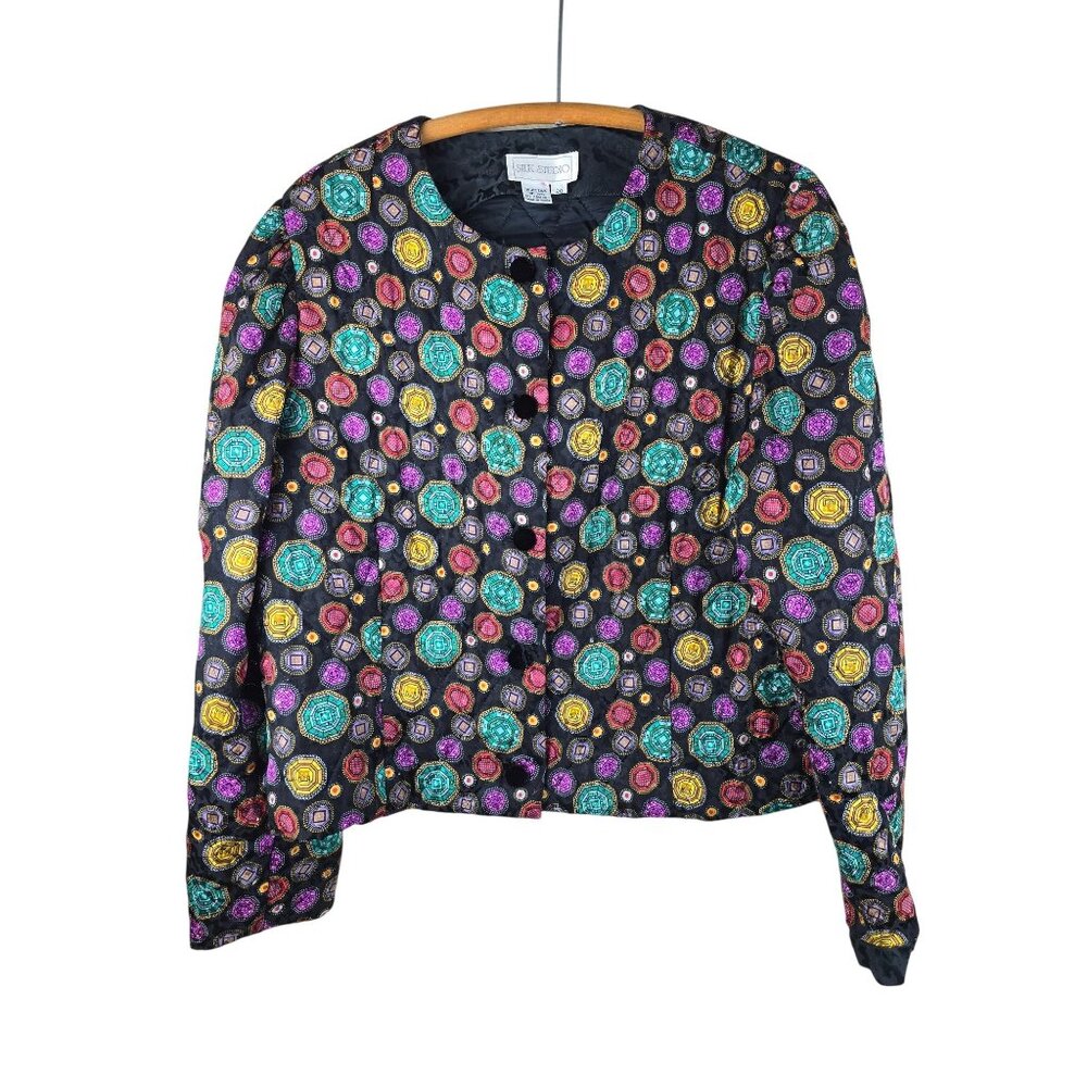 Vintage Silk Studio Quilted Jacket Womens Size 20‎ Multicolor Geometric Pattern